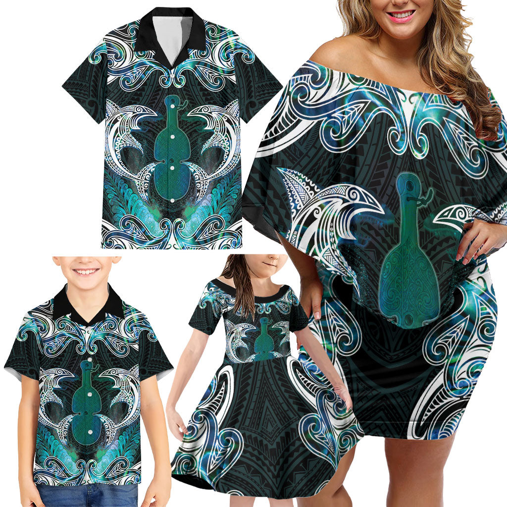 New Zealand Kotiate Weapon Family Matching Off Shoulder Short Dress and Hawaiian Shirt Aotearoa Mango Paua Shell Maori Pattern