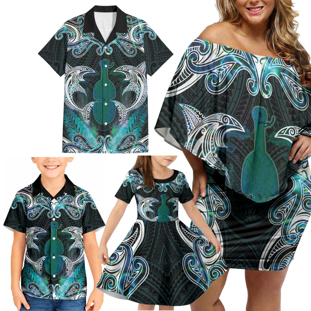 New Zealand Kotiate Weapon Family Matching Off Shoulder Short Dress and Hawaiian Shirt Aotearoa Mango Paua Shell Maori Pattern LT22 - Polynesian Pride