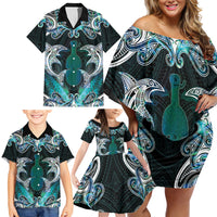 New Zealand Kotiate Weapon Family Matching Off Shoulder Short Dress and Hawaiian Shirt Aotearoa Mango Paua Shell Maori Pattern