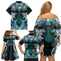New Zealand Kotiate Weapon Family Matching Off Shoulder Short Dress and Hawaiian Shirt Aotearoa Mango Paua Shell Maori Pattern