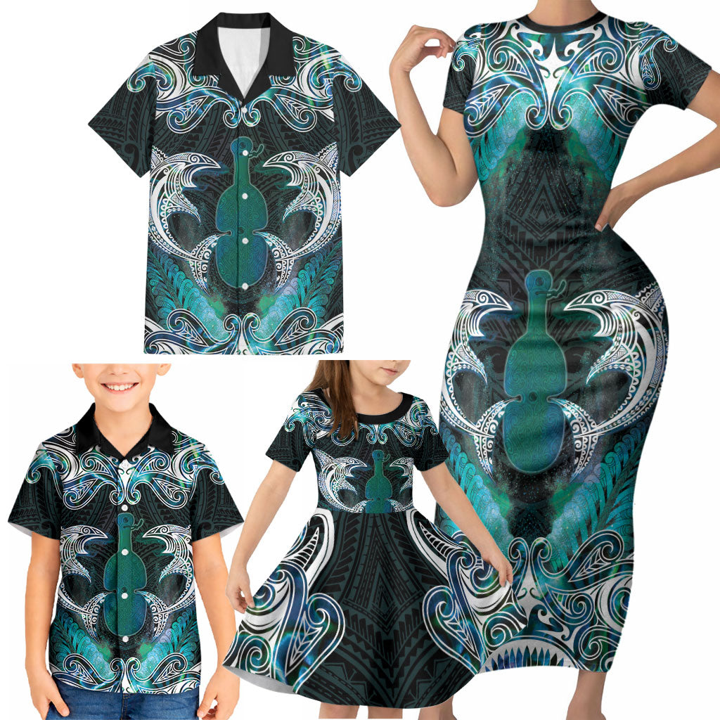 New Zealand Kotiate Weapon Family Matching Short Sleeve Bodycon Dress and Hawaiian Shirt Aotearoa Mango Paua Shell Maori Pattern LT22 - Polynesian Pride