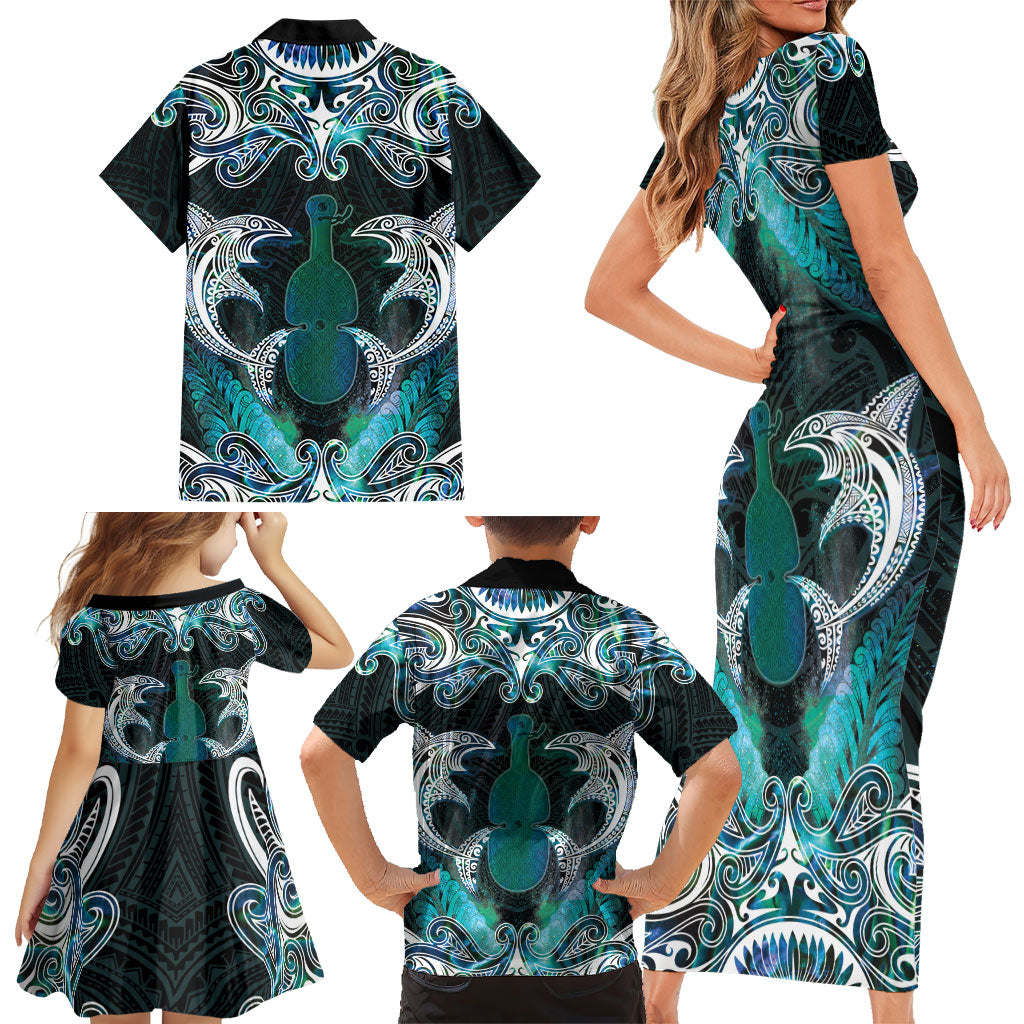 New Zealand Kotiate Weapon Family Matching Short Sleeve Bodycon Dress and Hawaiian Shirt Aotearoa Mango Paua Shell Maori Pattern