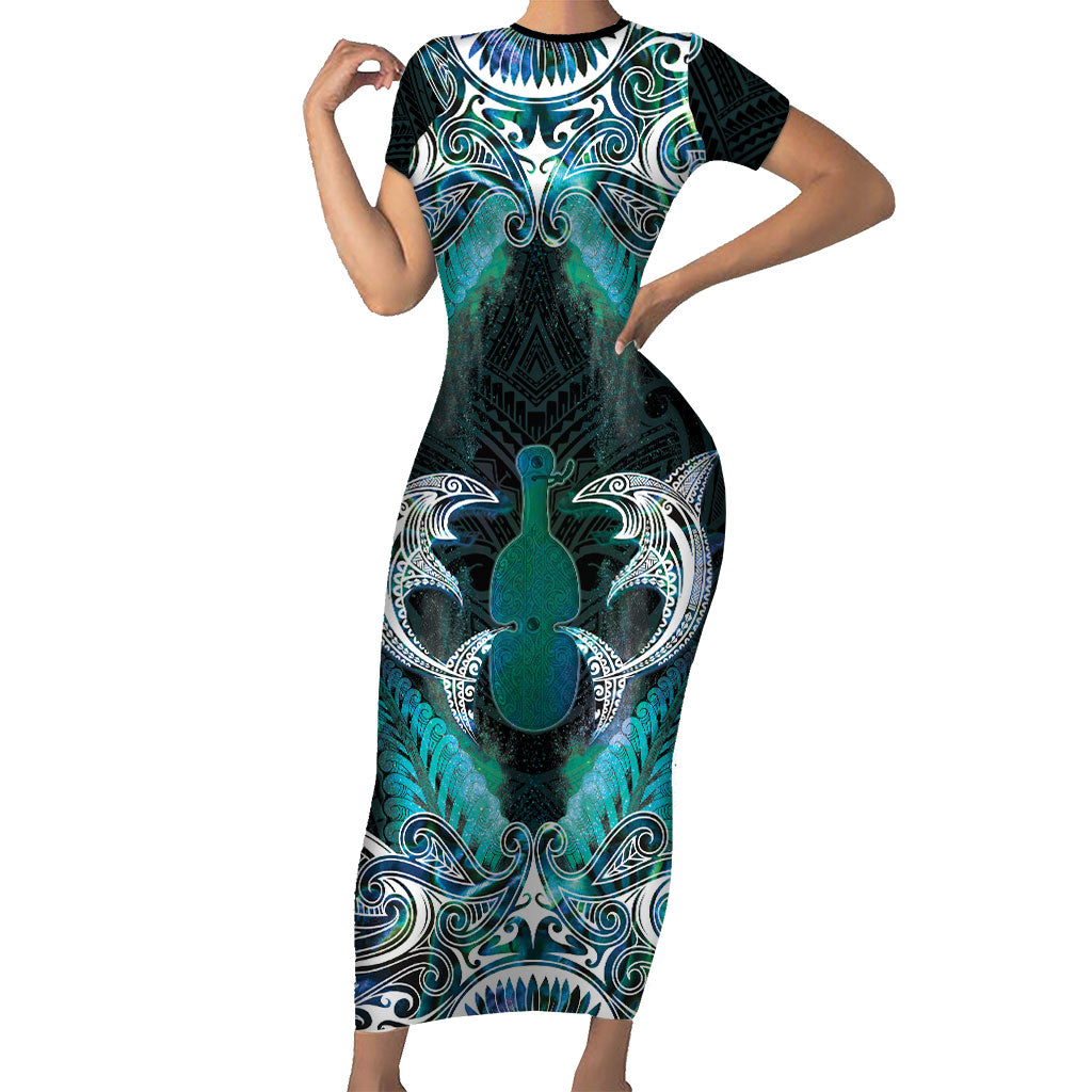 New Zealand Kotiate Weapon Family Matching Short Sleeve Bodycon Dress and Hawaiian Shirt Aotearoa Mango Paua Shell Maori Pattern