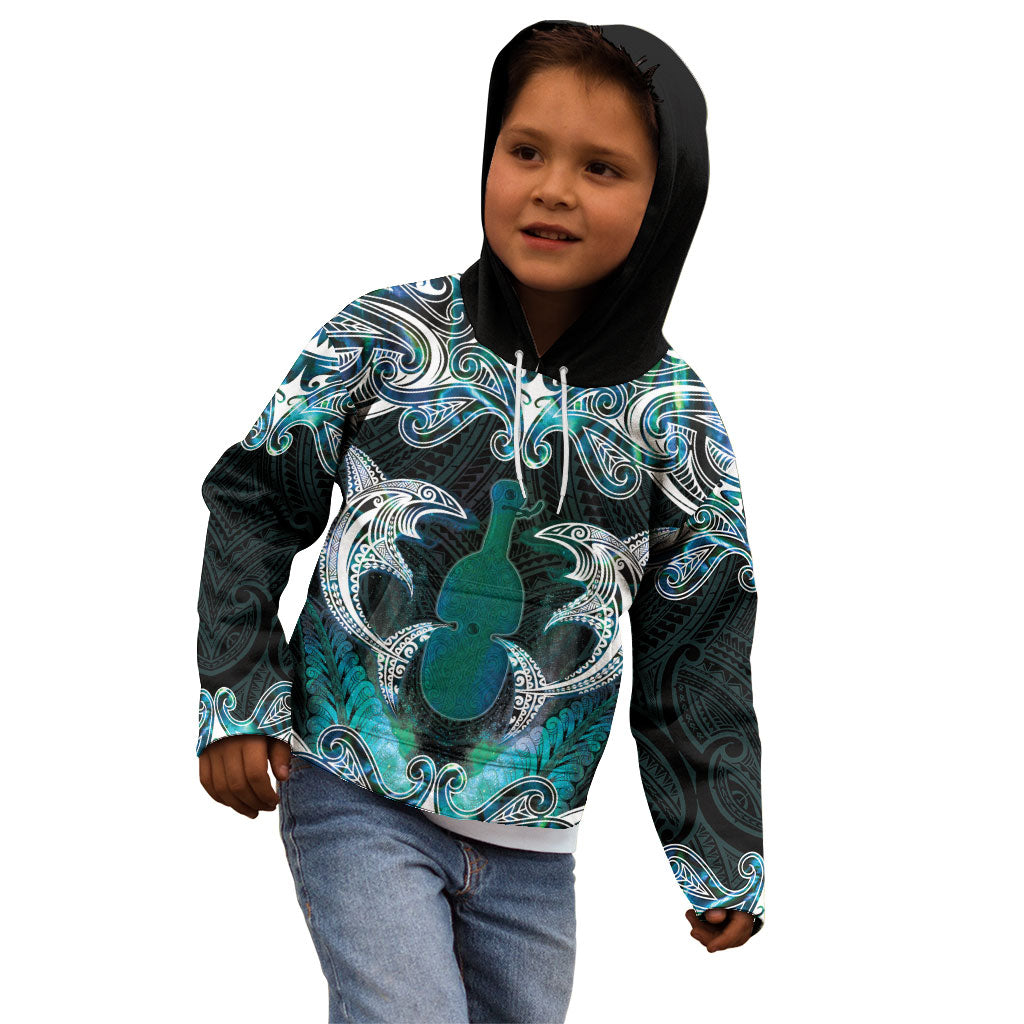 New Zealand Kotiate Weapon Kid Hoodie Aotearoa Mango Paua Shell Maori Pattern