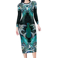 New Zealand Kotiate Weapon Long Sleeve Bodycon Dress Aotearoa Mango Paua Shell Maori Pattern