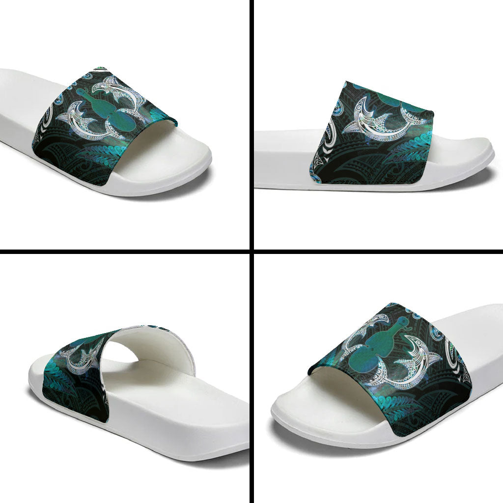 New Zealand Kotiate Weapon Slide Sandals Aotearoa Mango Paua Shell Maori Pattern