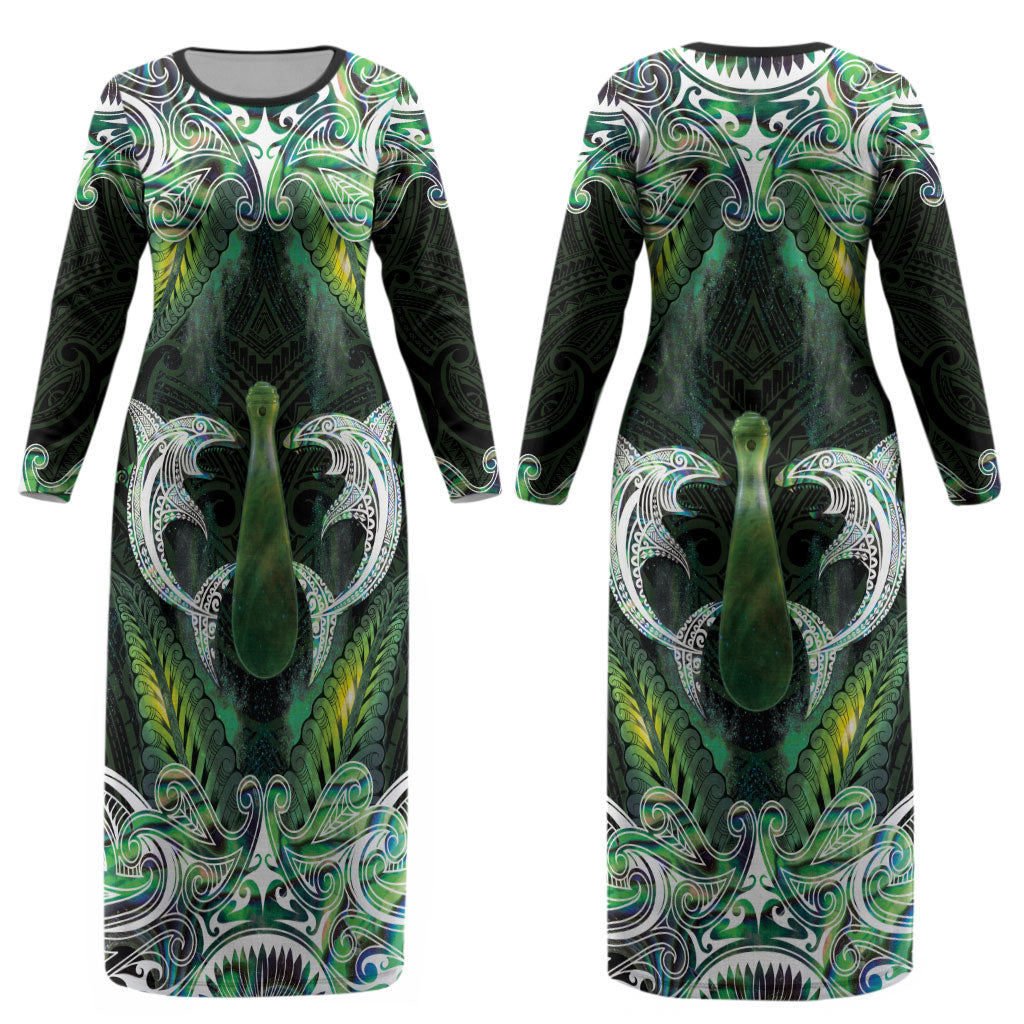 New Zealand Mere Pounamu Weapon Couples Matching Long Sleeve Bodycon Dress and Hawaiian Shirt Aotearoa Mango Paua Shell Maori Pattern LT22 - Polynesian Pride