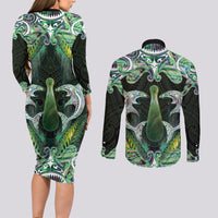 New Zealand Mere Pounamu Weapon Couples Matching Long Sleeve Bodycon Dress and Long Sleeve Button Shirt Aotearoa Mango Paua Shell Maori Pattern