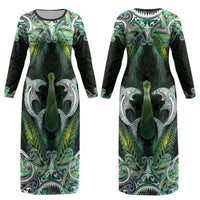 New Zealand Mere Pounamu Weapon Couples Matching Long Sleeve Bodycon Dress and Long Sleeve Button Shirt Aotearoa Mango Paua Shell Maori Pattern LT22 - Polynesian Pride