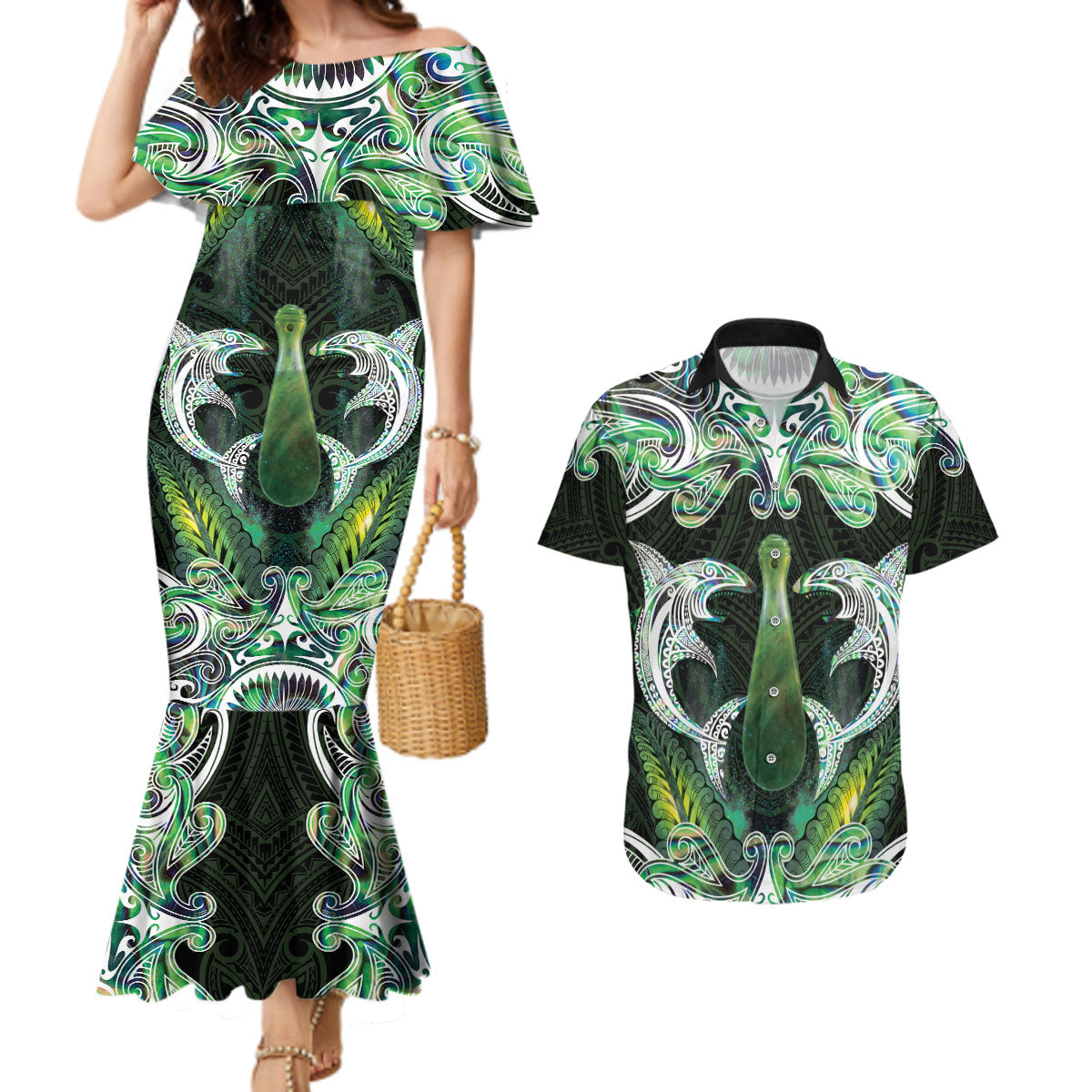 New Zealand Mere Pounamu Weapon Couples Matching Mermaid Dress and Hawaiian Shirt Aotearoa Mango Paua Shell Maori Pattern