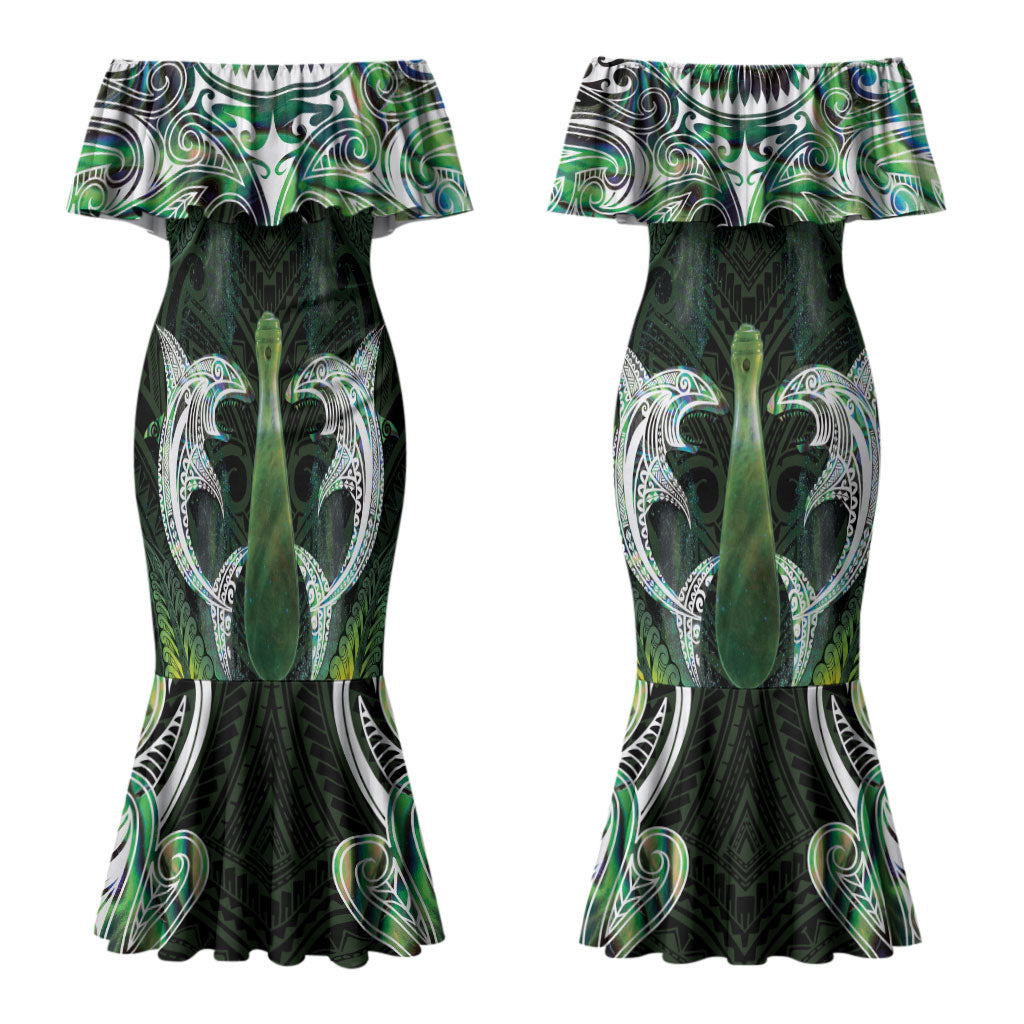 New Zealand Mere Pounamu Weapon Couples Matching Mermaid Dress and Long Sleeve Button Shirt Aotearoa Mango Paua Shell Maori Pattern LT22 - Polynesian Pride