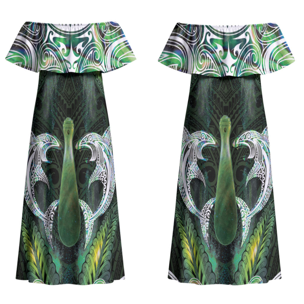 New Zealand Mere Pounamu Weapon Couples Matching Off Shoulder Maxi Dress and Hawaiian Shirt Aotearoa Mango Paua Shell Maori Pattern LT22 - Polynesian Pride