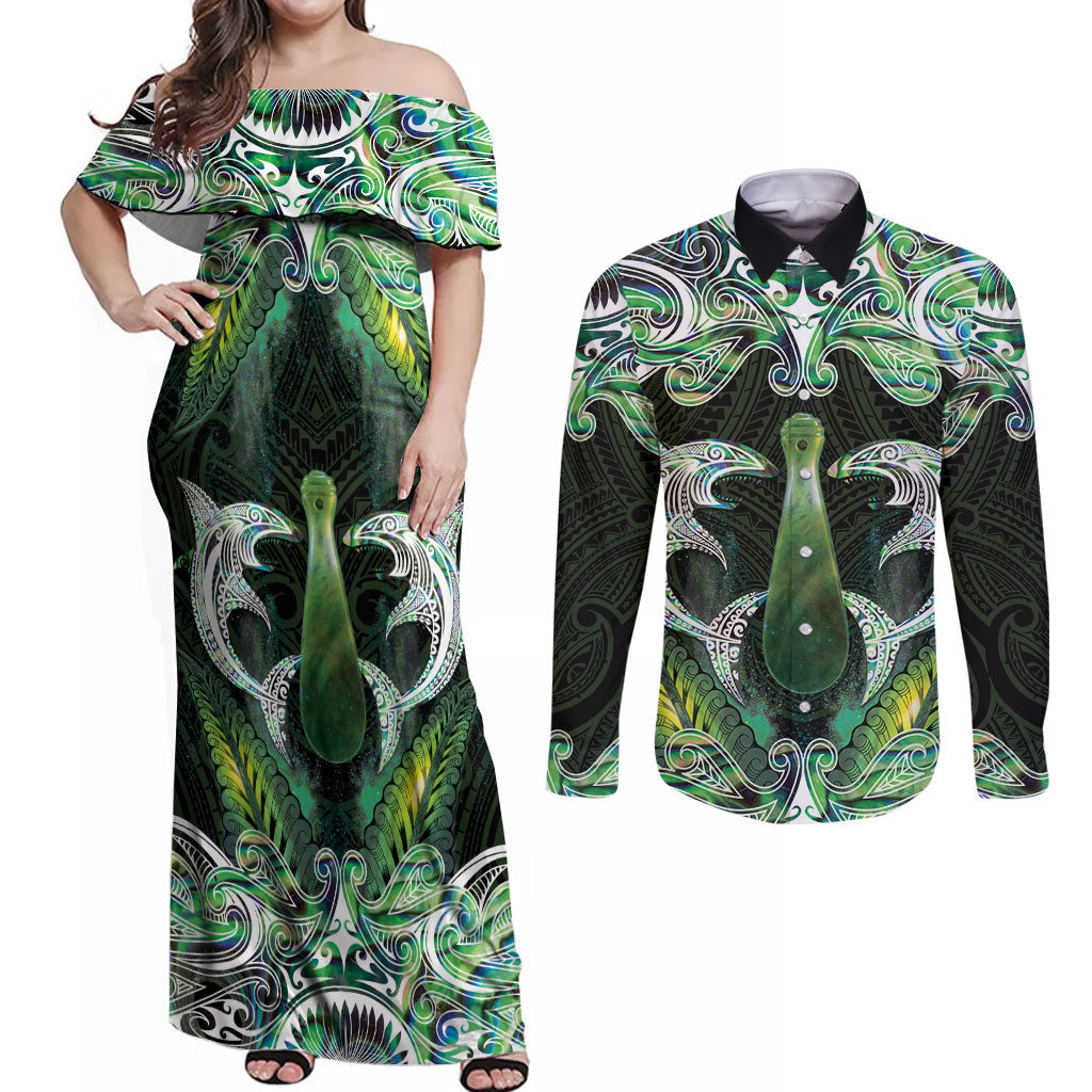 New Zealand Mere Pounamu Weapon Couples Matching Off Shoulder Maxi Dress and Long Sleeve Button Shirt Aotearoa Mango Paua Shell Maori Pattern