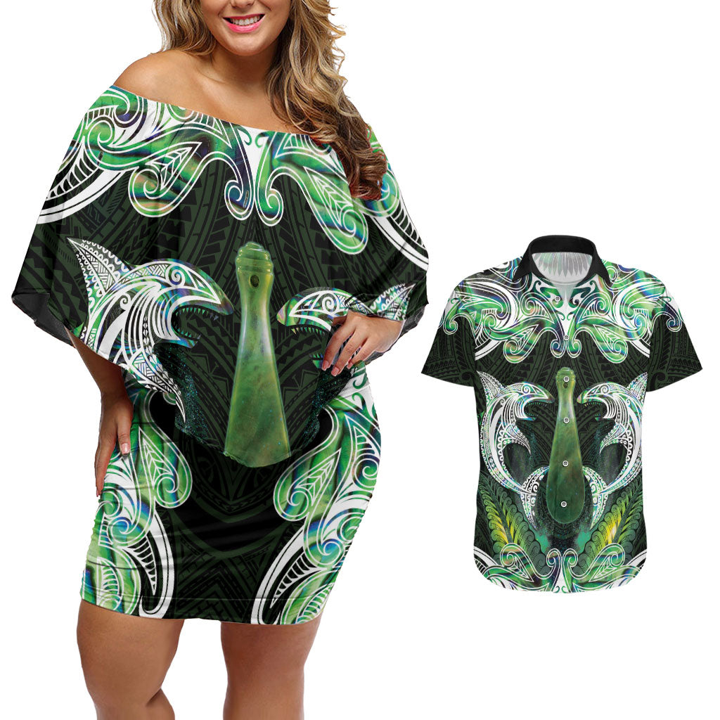 New Zealand Mere Pounamu Weapon Couples Matching Off Shoulder Short Dress and Hawaiian Shirt Aotearoa Mango Paua Shell Maori Pattern