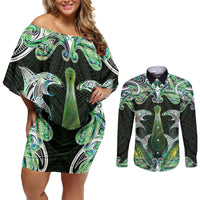 New Zealand Mere Pounamu Weapon Couples Matching Off Shoulder Short Dress and Long Sleeve Button Shirt Aotearoa Mango Paua Shell Maori Pattern