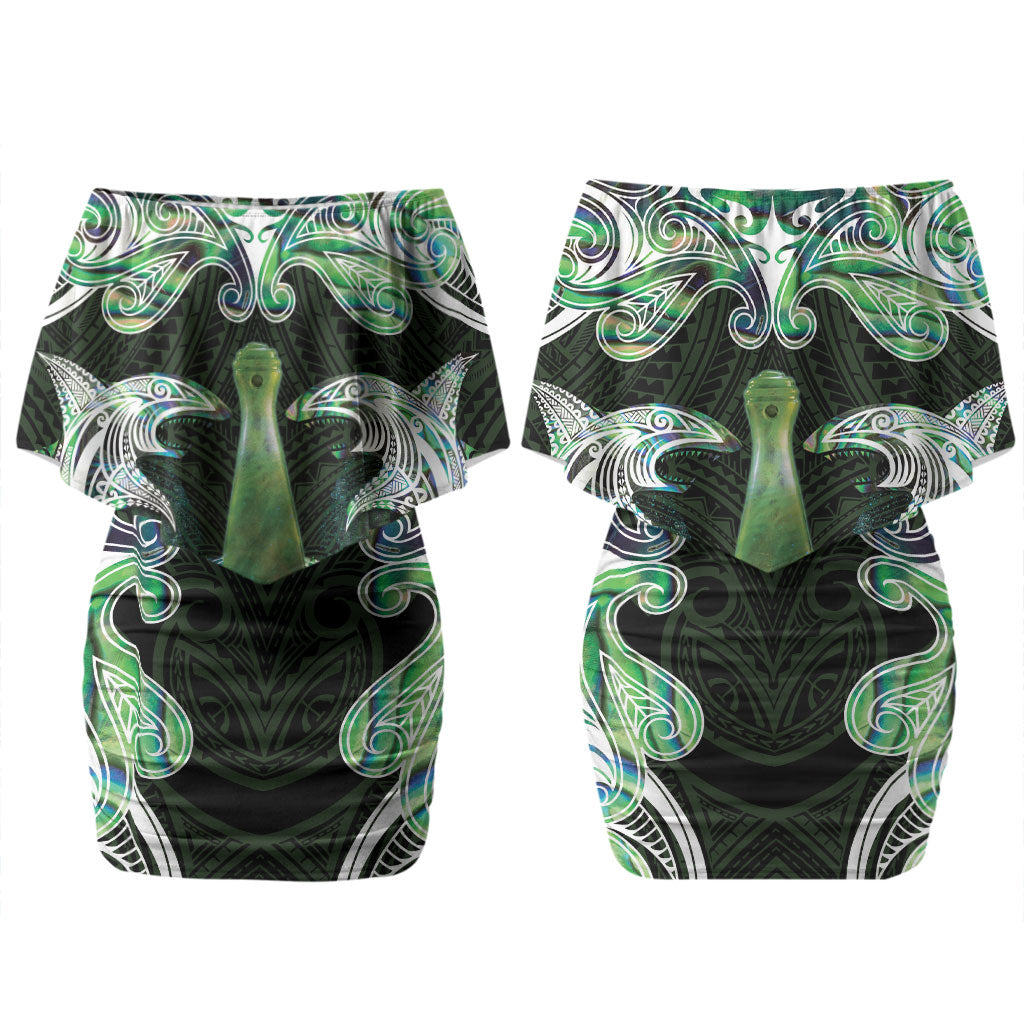 New Zealand Mere Pounamu Weapon Couples Matching Off Shoulder Short Dress and Long Sleeve Button Shirt Aotearoa Mango Paua Shell Maori Pattern LT22 - Polynesian Pride
