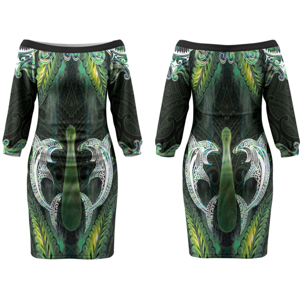New Zealand Mere Pounamu Weapon Couples Matching Off The Shoulder Long Sleeve Dress and Long Sleeve Button Shirt Aotearoa Mango Paua Shell Maori Pattern LT22 - Polynesian Pride