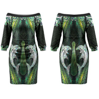 New Zealand Mere Pounamu Weapon Couples Matching Off The Shoulder Long Sleeve Dress and Long Sleeve Button Shirt Aotearoa Mango Paua Shell Maori Pattern LT22 - Polynesian Pride