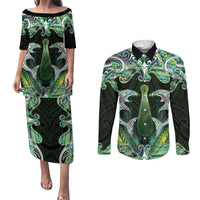 New Zealand Mere Pounamu Weapon Couples Matching Puletasi and Long Sleeve Button Shirt Aotearoa Mango Paua Shell Maori Pattern