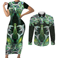 New Zealand Mere Pounamu Weapon Couples Matching Short Sleeve Bodycon Dress and Long Sleeve Button Shirt Aotearoa Mango Paua Shell Maori Pattern