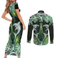 New Zealand Mere Pounamu Weapon Couples Matching Short Sleeve Bodycon Dress and Long Sleeve Button Shirt Aotearoa Mango Paua Shell Maori Pattern