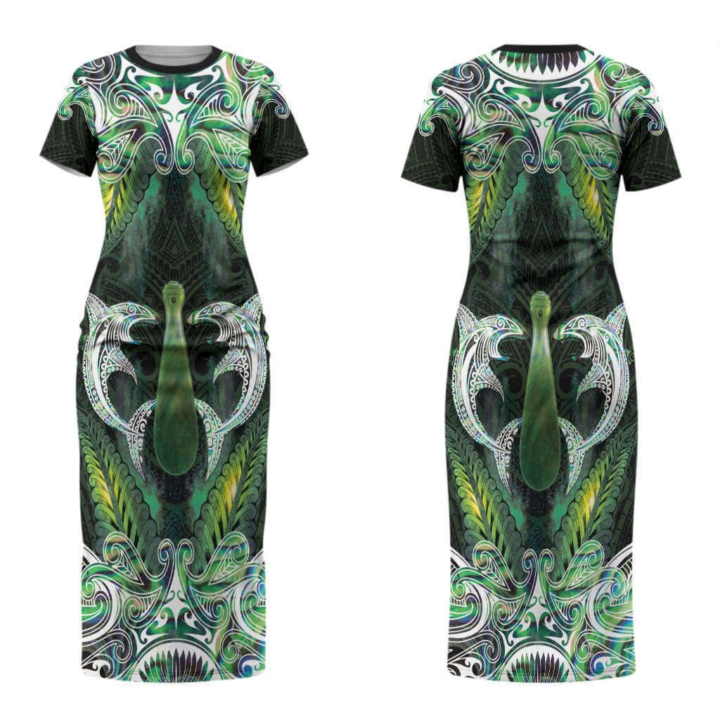 New Zealand Mere Pounamu Weapon Couples Matching Short Sleeve Bodycon Dress and Long Sleeve Button Shirt Aotearoa Mango Paua Shell Maori Pattern LT22 - Polynesian Pride