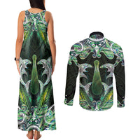 New Zealand Mere Pounamu Weapon Couples Matching Tank Maxi Dress and Long Sleeve Button Shirt Aotearoa Mango Paua Shell Maori Pattern