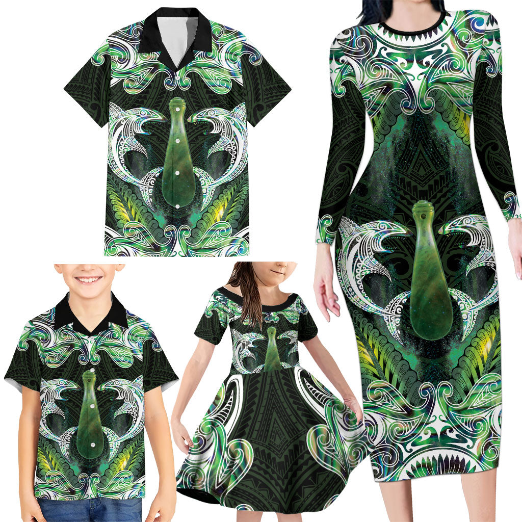 New Zealand Mere Pounamu Weapon Family Matching Long Sleeve Bodycon Dress and Hawaiian Shirt Aotearoa Mango Paua Shell Maori Pattern