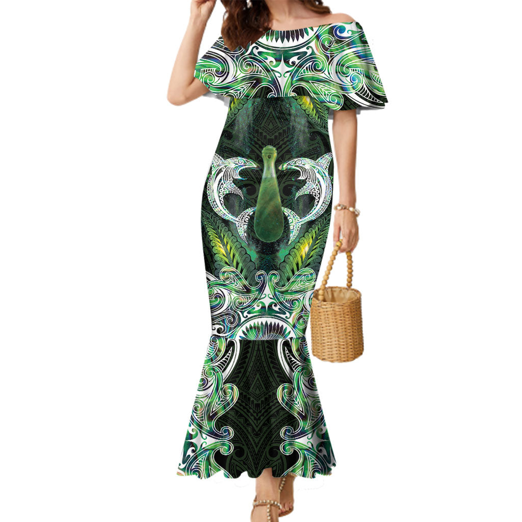 New Zealand Mere Pounamu Weapon Family Matching Mermaid Dress and Hawaiian Shirt Aotearoa Mango Paua Shell Maori Pattern