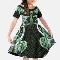 New Zealand Mere Pounamu Weapon Family Matching Off The Shoulder Long Sleeve Dress and Hawaiian Shirt Aotearoa Mango Paua Shell Maori Pattern