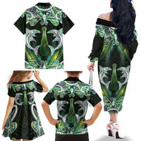 New Zealand Mere Pounamu Weapon Family Matching Off The Shoulder Long Sleeve Dress and Hawaiian Shirt Aotearoa Mango Paua Shell Maori Pattern