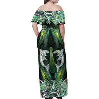 New Zealand Mere Pounamu Weapon Family Matching Off Shoulder Maxi Dress and Hawaiian Shirt Aotearoa Mango Paua Shell Maori Pattern