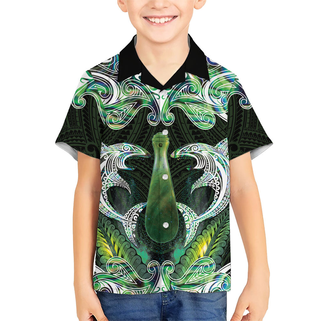 New Zealand Mere Pounamu Weapon Family Matching Off Shoulder Maxi Dress and Hawaiian Shirt Aotearoa Mango Paua Shell Maori Pattern