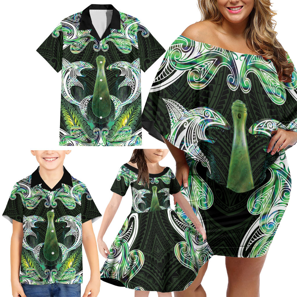 New Zealand Mere Pounamu Weapon Family Matching Off Shoulder Short Dress and Hawaiian Shirt Aotearoa Mango Paua Shell Maori Pattern LT22 - Polynesian Pride