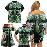 New Zealand Mere Pounamu Weapon Family Matching Off Shoulder Short Dress and Hawaiian Shirt Aotearoa Mango Paua Shell Maori Pattern