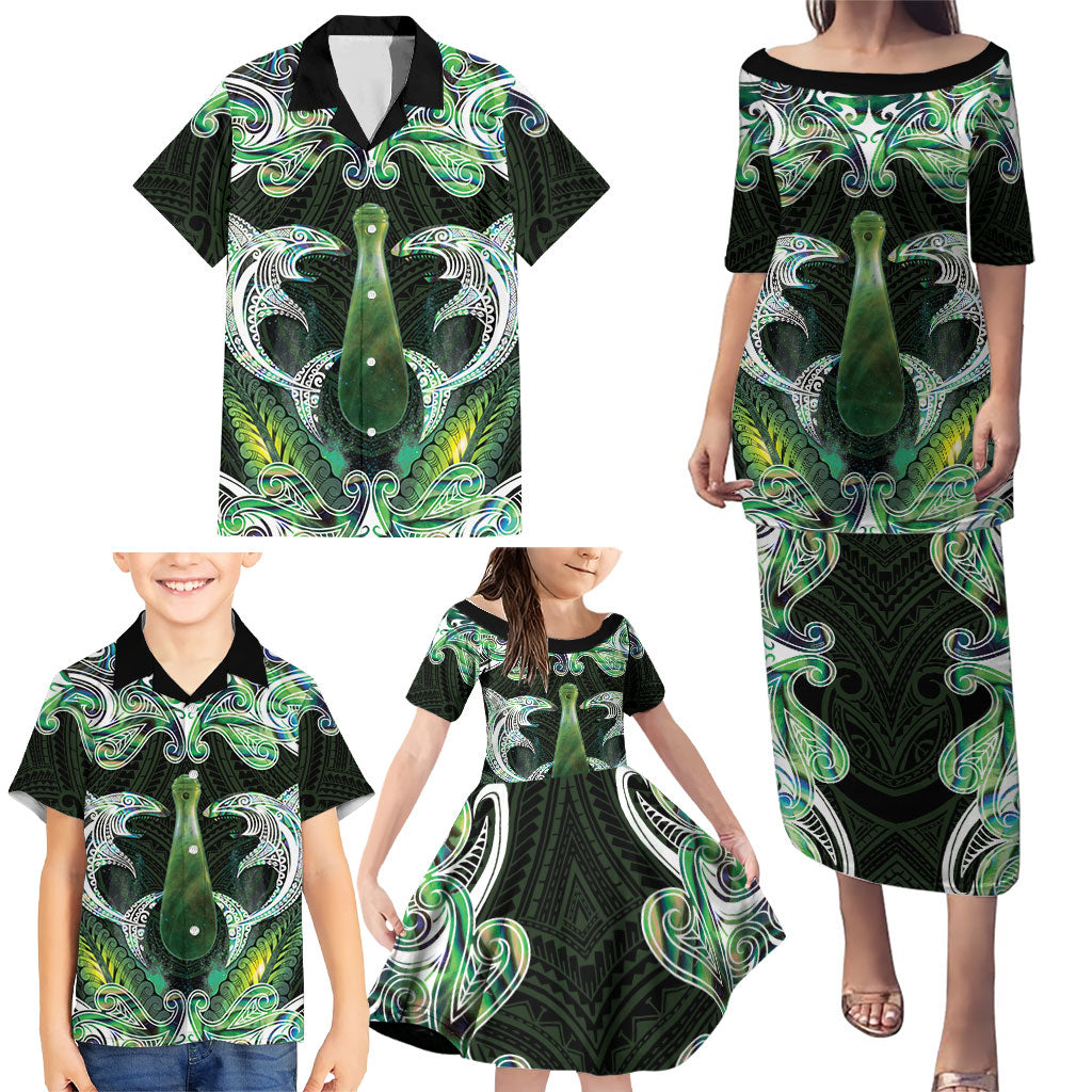 New Zealand Mere Pounamu Weapon Family Matching Puletasi and Hawaiian Shirt Aotearoa Mango Paua Shell Maori Pattern
