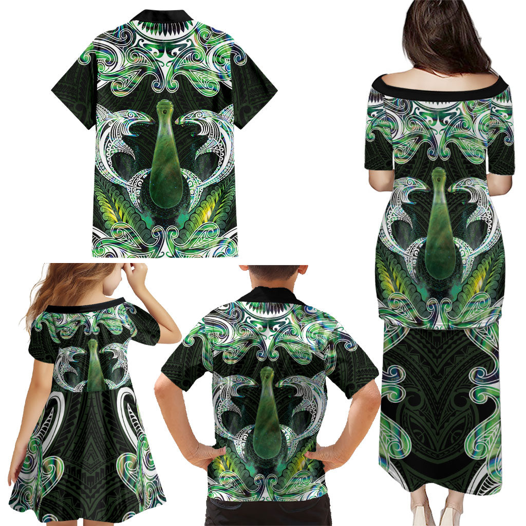 New Zealand Mere Pounamu Weapon Family Matching Puletasi and Hawaiian Shirt Aotearoa Mango Paua Shell Maori Pattern