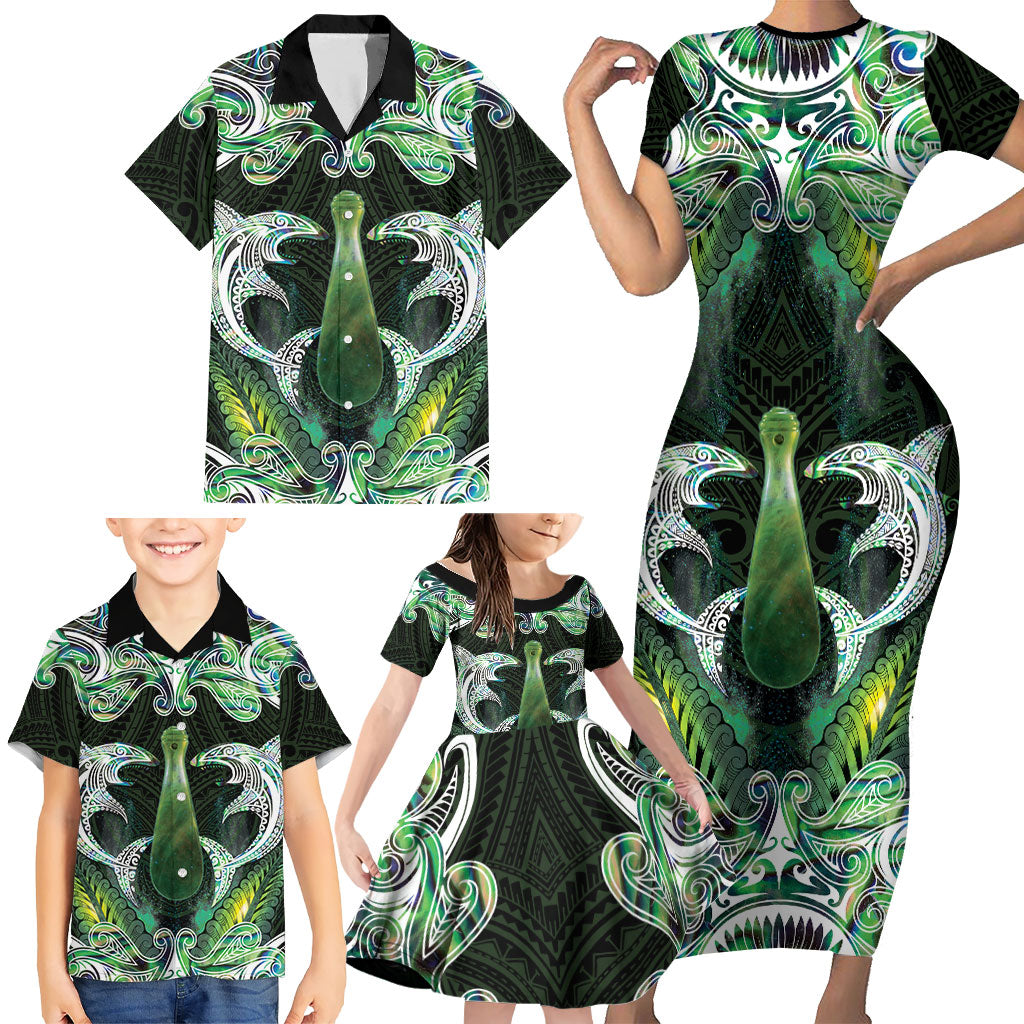 New Zealand Mere Pounamu Weapon Family Matching Short Sleeve Bodycon Dress and Hawaiian Shirt Aotearoa Mango Paua Shell Maori Pattern