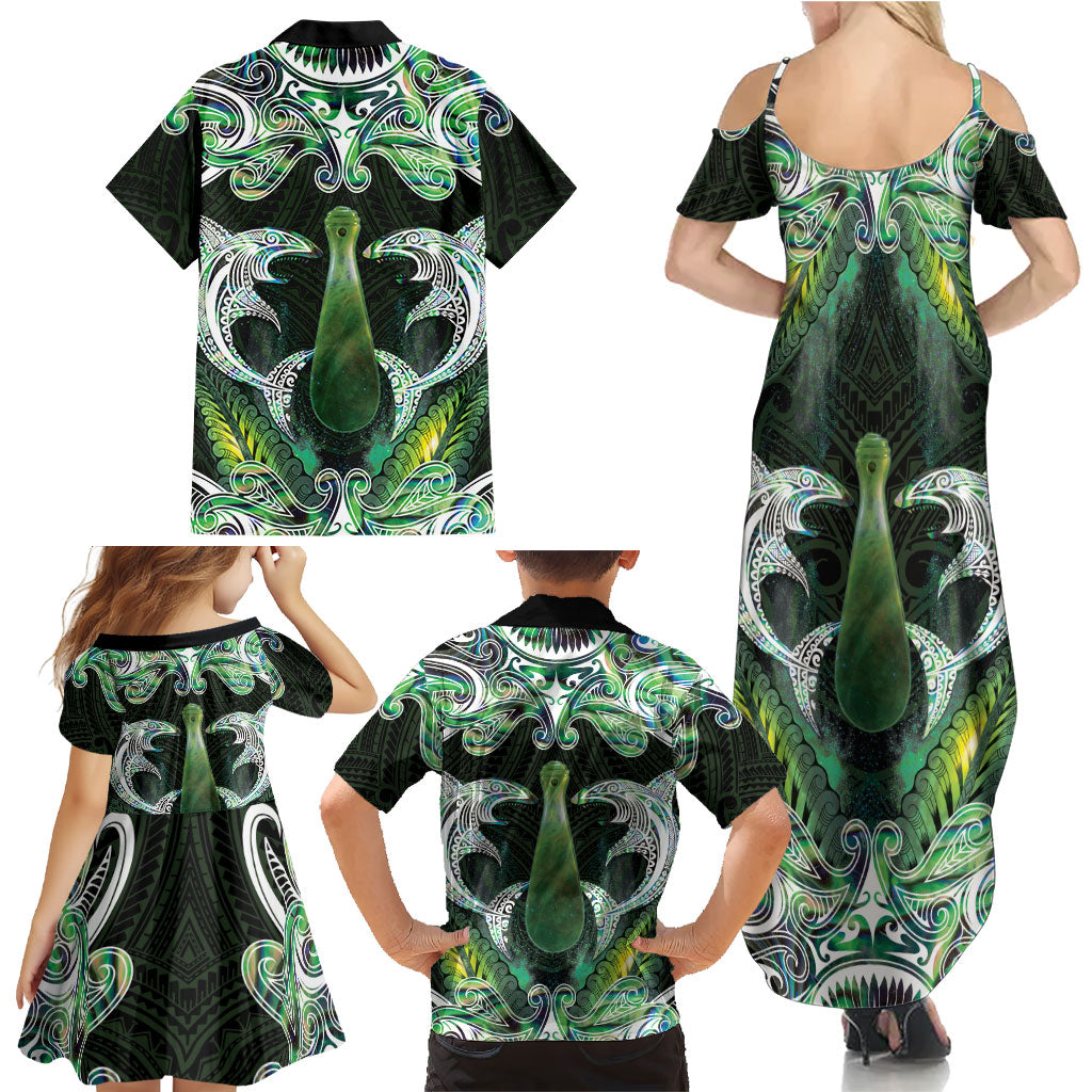 New Zealand Mere Pounamu Weapon Family Matching Summer Maxi Dress and Hawaiian Shirt Aotearoa Mango Paua Shell Maori Pattern