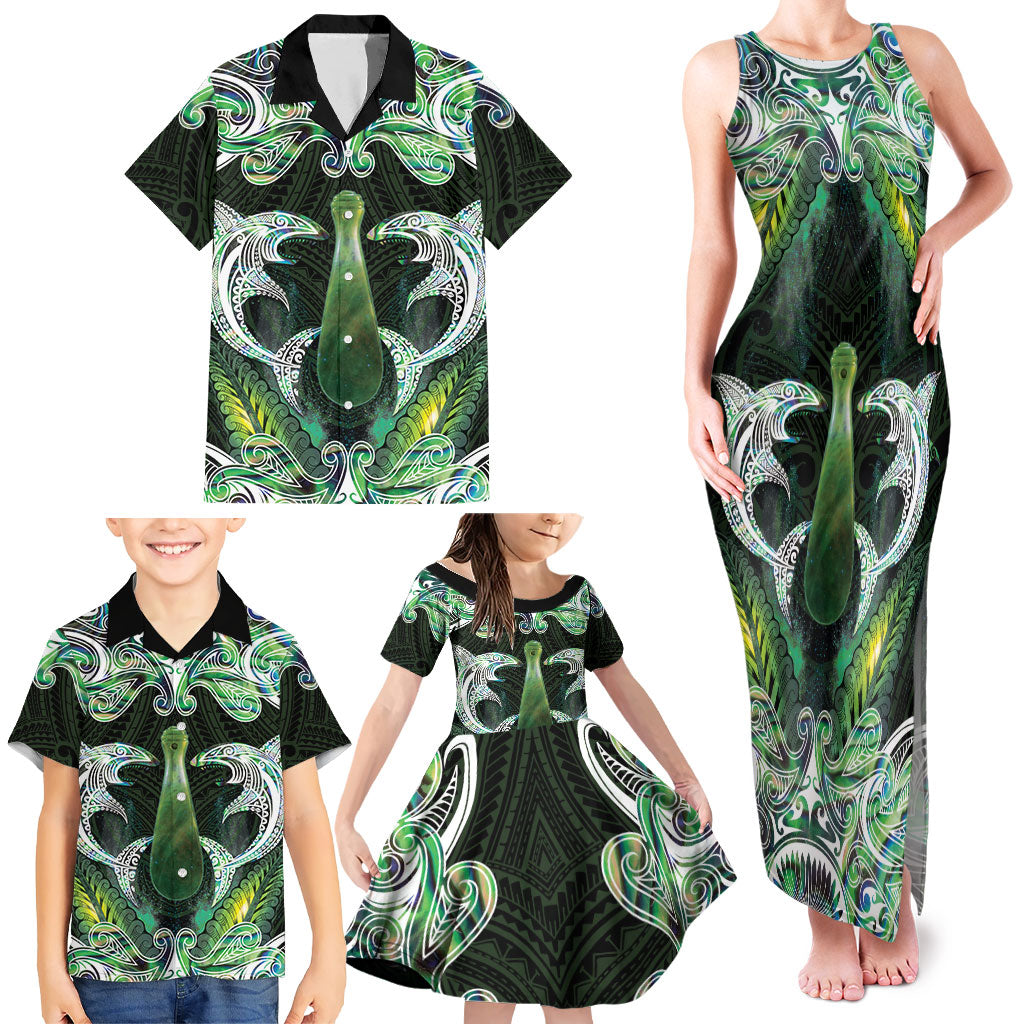 New Zealand Mere Pounamu Weapon Family Matching Tank Maxi Dress and Hawaiian Shirt Aotearoa Mango Paua Shell Maori Pattern