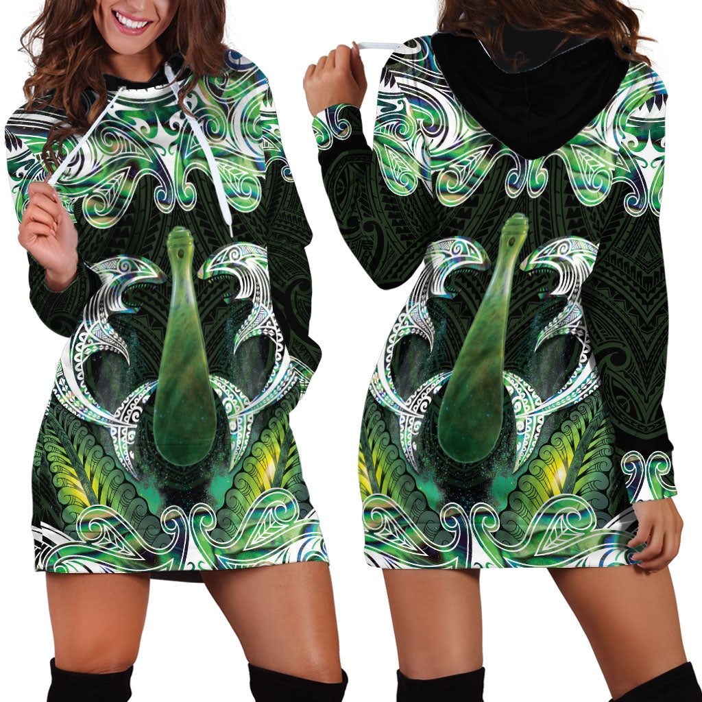 New Zealand Mere Pounamu Weapon Hoodie Dress Aotearoa Mango Paua Shell Maori Pattern