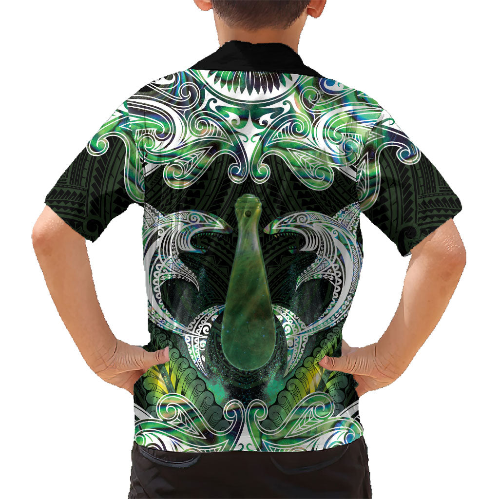 New Zealand Mere Pounamu Weapon Kid Hawaiian Shirt Aotearoa Mango Paua Shell Maori Pattern