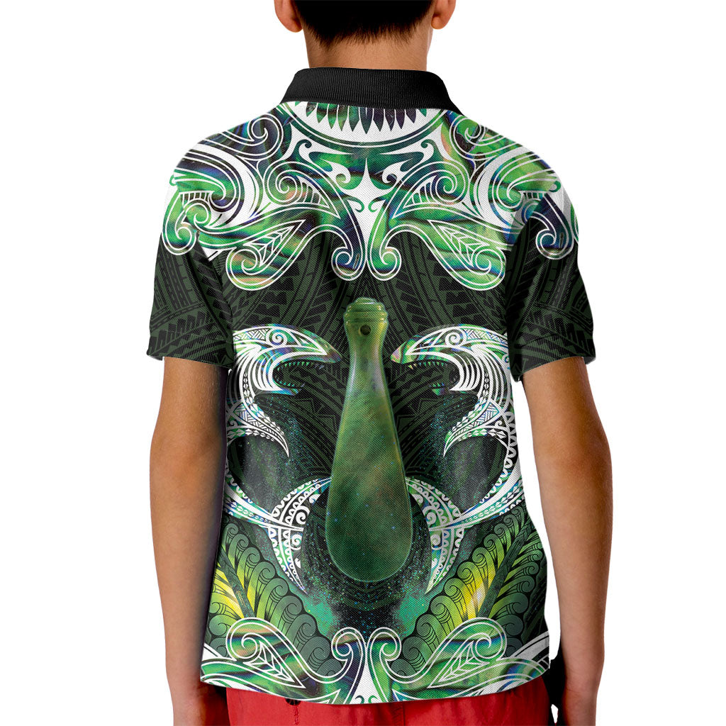 New Zealand Mere Pounamu Weapon Kid Polo Shirt Aotearoa Mango Paua Shell Maori Pattern