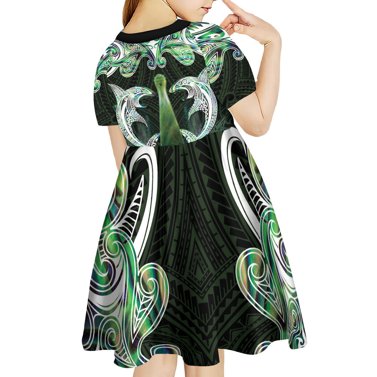 New Zealand Mere Pounamu Weapon Kid Short Sleeve Dress Aotearoa Mango Paua Shell Maori Pattern