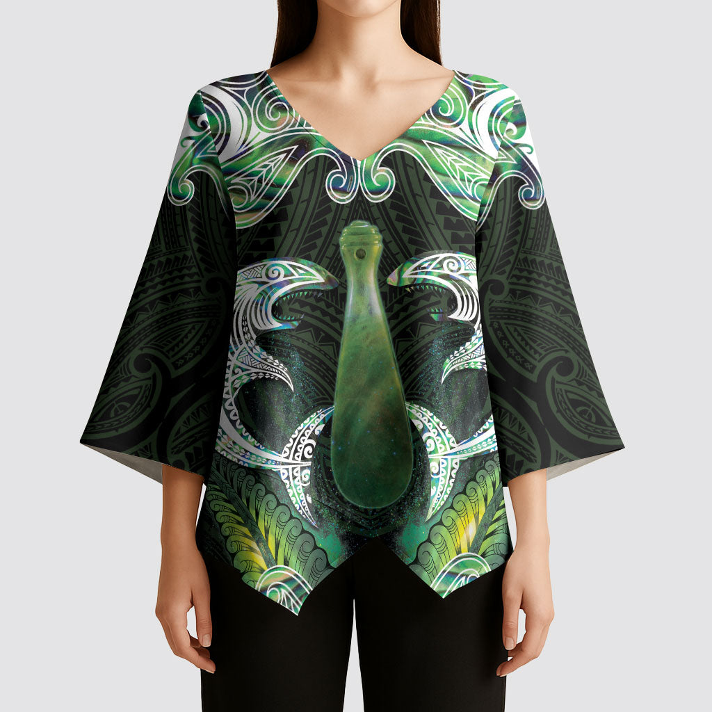 New Zealand Mere Pounamu Weapon Kimono Sleeve Blouse Aotearoa Mango Paua Shell Maori Pattern