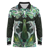 New Zealand Mere Pounamu Weapon Long Sleeve Polo Shirt Aotearoa Mango Paua Shell Maori Pattern