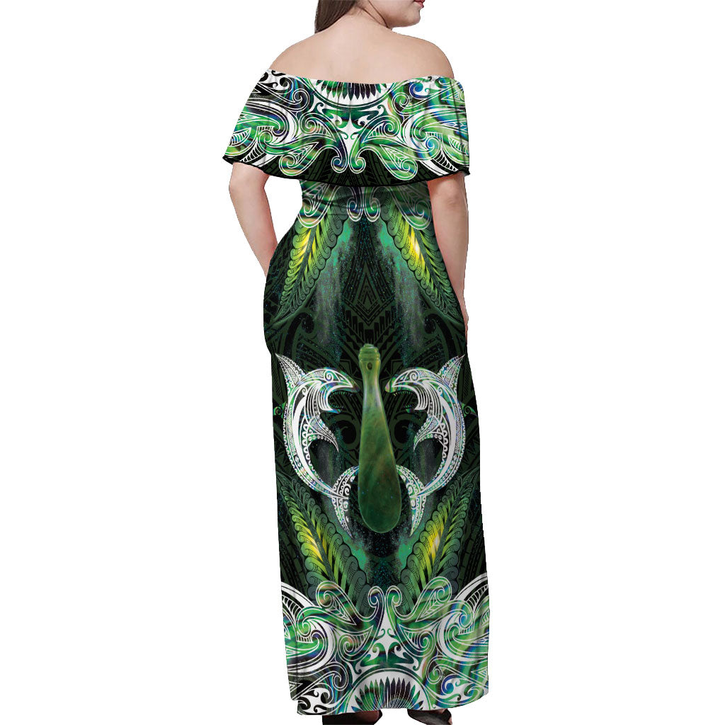 New Zealand Mere Pounamu Weapon Off Shoulder Maxi Dress Aotearoa Mango Paua Shell Maori Pattern