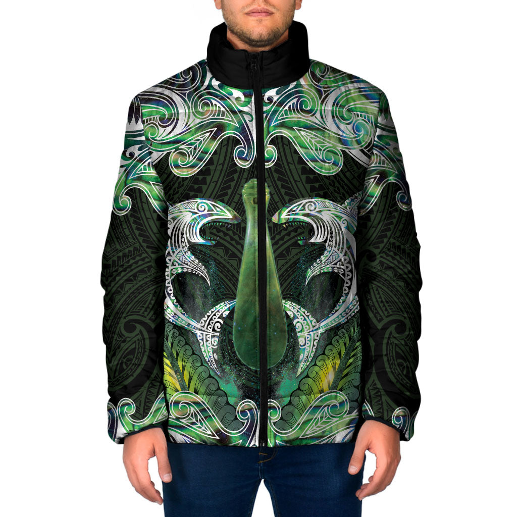 New Zealand Mere Pounamu Weapon Padded Jacket Aotearoa Mango Paua Shell Maori Pattern