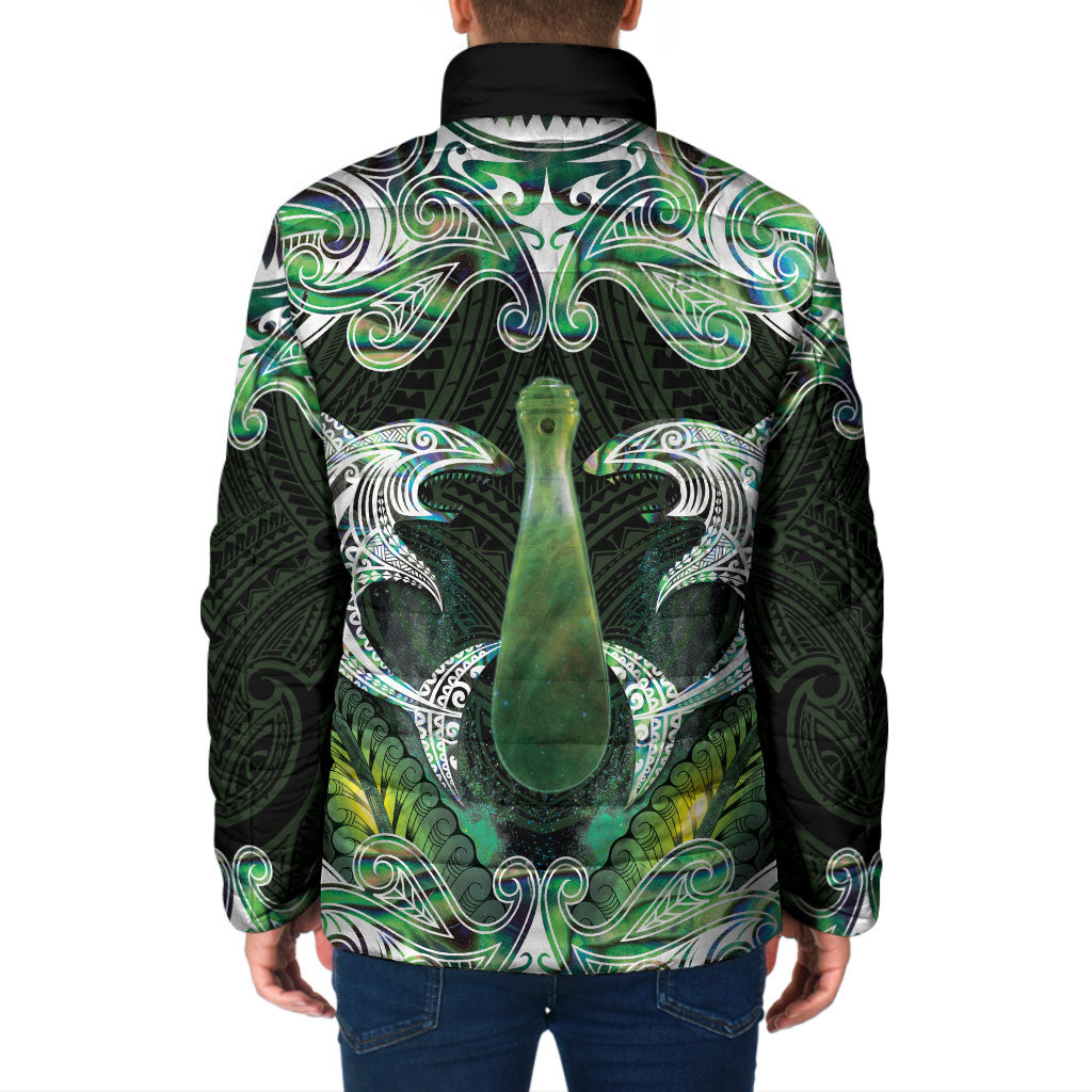 New Zealand Mere Pounamu Weapon Padded Jacket Aotearoa Mango Paua Shell Maori Pattern