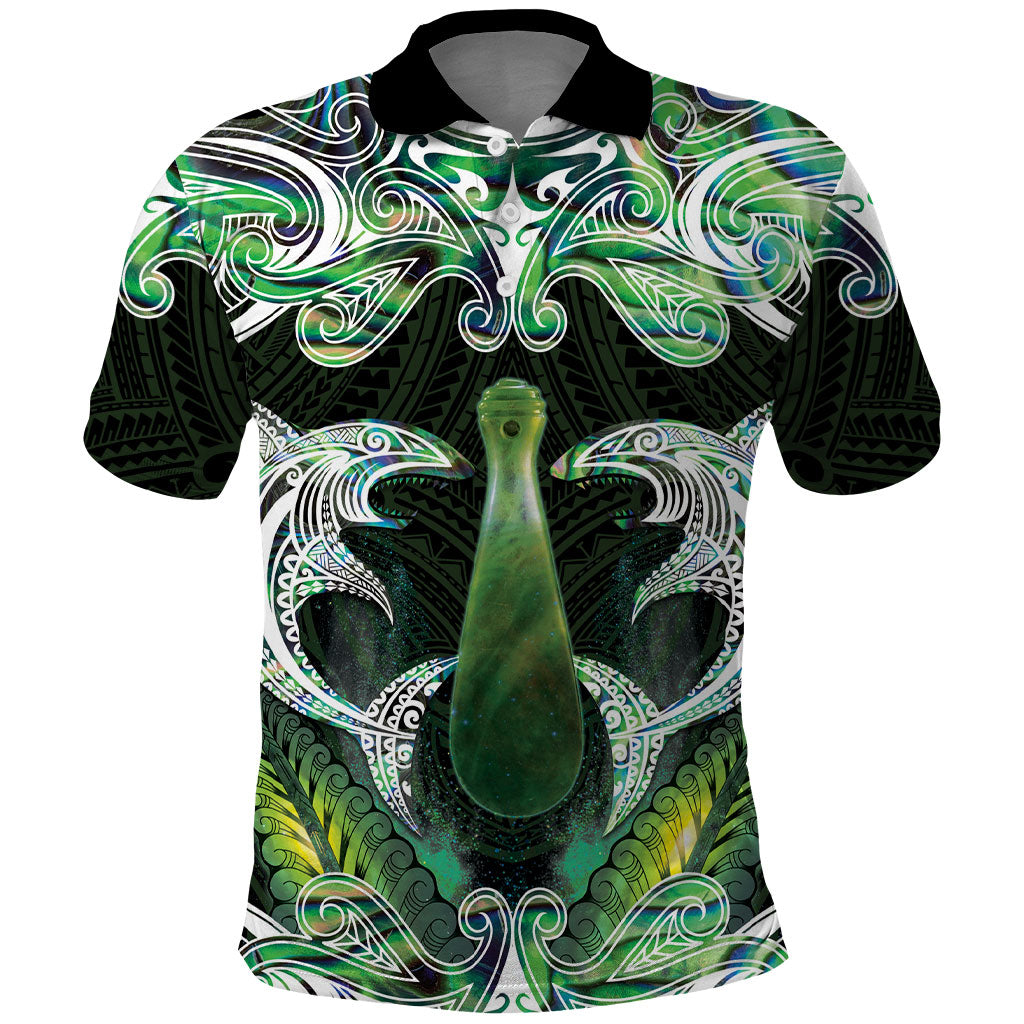 New Zealand Mere Pounamu Weapon Polo Shirt Aotearoa Mango Paua Shell Maori Pattern LT22 Green - Polynesian Pride
